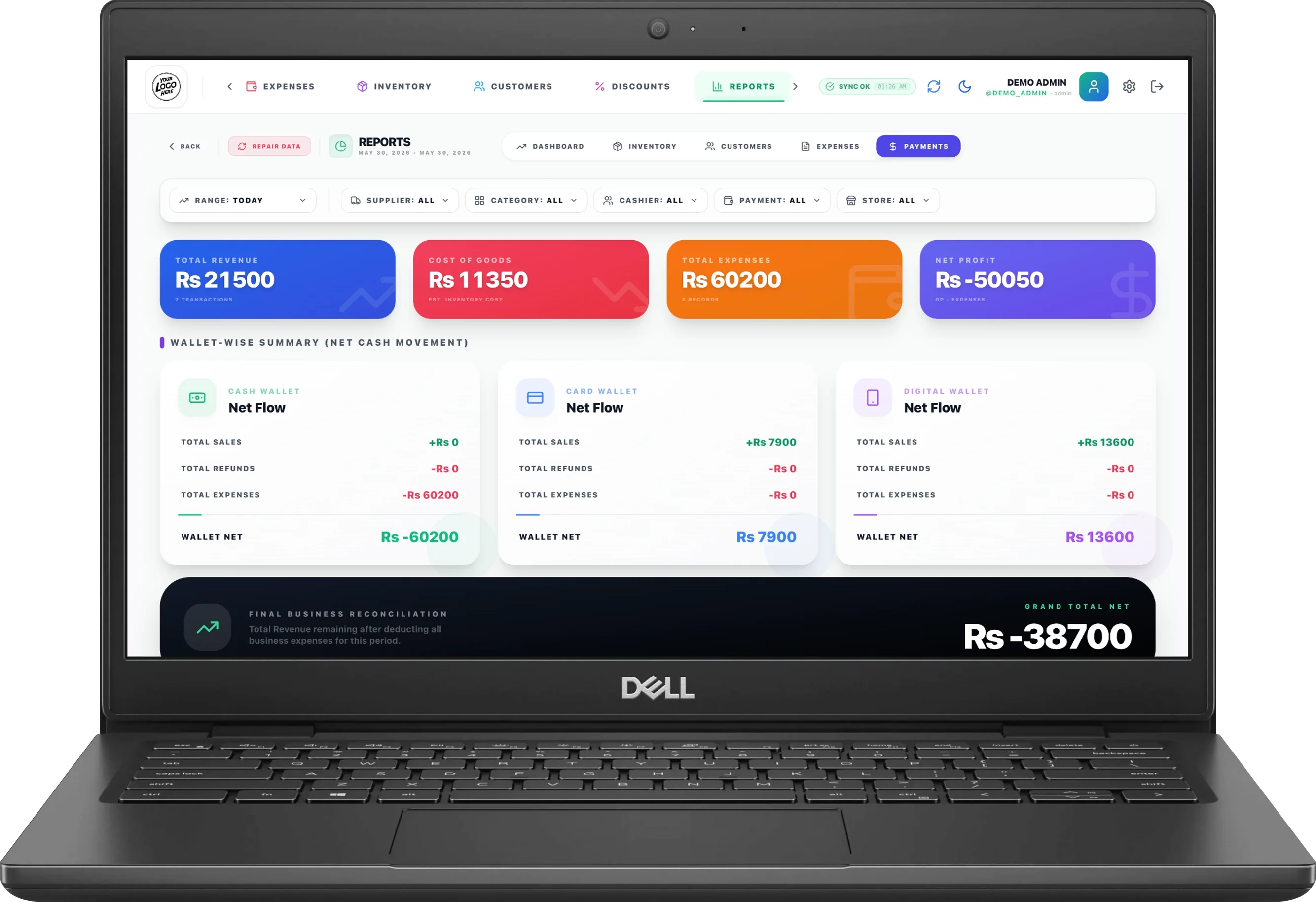 Screenshot showing Payment & Cash Reports